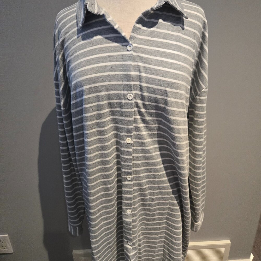 Zeagoo Women’s Striped Button Down Nightgown | Size XL | Gray/White